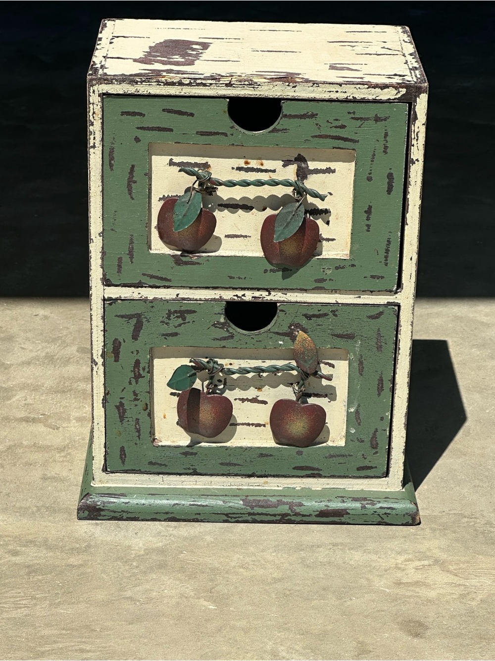 Vintage Wooden 2-Drawer Storage Box: Rustic Apple Folk Art Decor